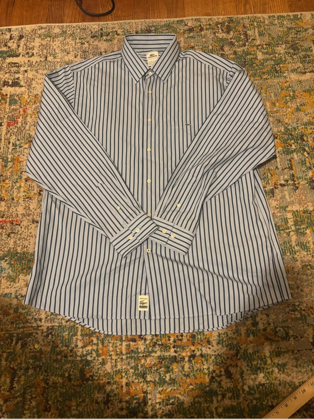 Lacoste Men's Light Blue and Navy Vertical Stripe Dress Shirt